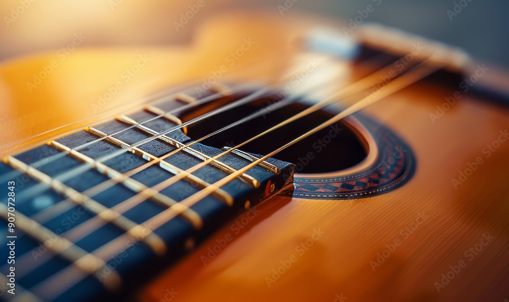 Fototapeta premium Zoom in on the delicate strings of a classical guitar, each fret and tuning peg a testament to craftsmanship and musical precision