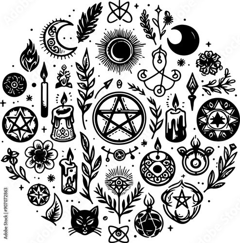 Witchcraft elements black outline doodle vector illustration