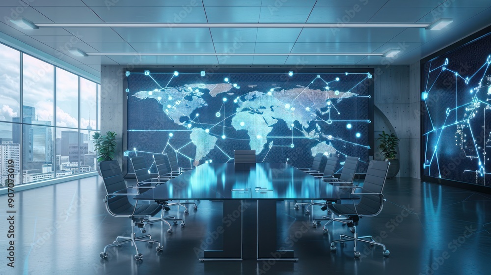 Modern Meeting Room with Abstract Virtual World Map Background. generative AI image Modern Meeting Room with Abstract Virtual World Map Background. generative AI image