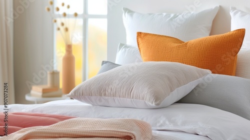 Cozy Bedroom With Soft Pillows and Warm Blankets During Morning Light