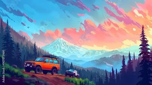 An orange Jeep navigates rough terrain with the majestic Mount Fuji towering in the background. The scene captures the spirit of adventure and the beauty of nature.