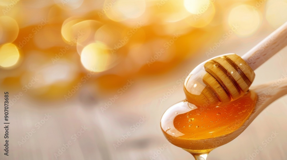 Natural Honey Dripping From Wooden Spoon Against a Soft, Blurred Background Natural Honey Dripping From Wooden Spoon Against a Soft, Blurred Background