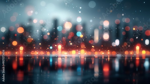 Cityscape at Night With Reflections and Colorful Lights in Rainy Atmosphere