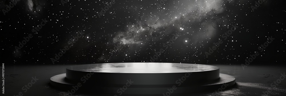 Obraz premium a round object with a light shining on it in the middle of a dark room with stars in the background