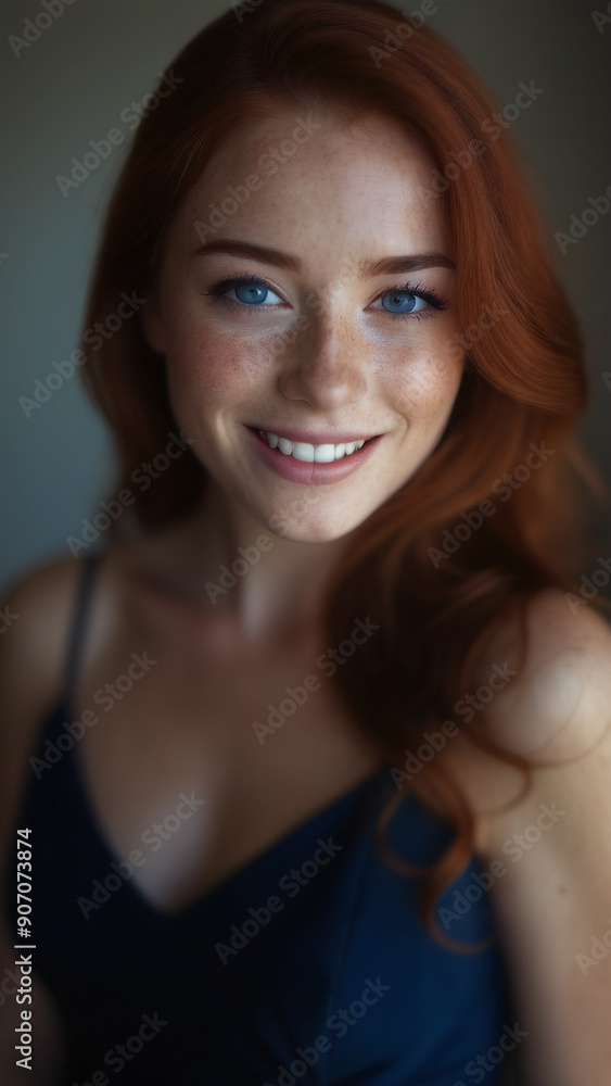 Portrait of young red-haired woman in dark blue dress looking at camera with smile. Portrait of young red-haired woman in dark blue dress looking at camera with smile.
