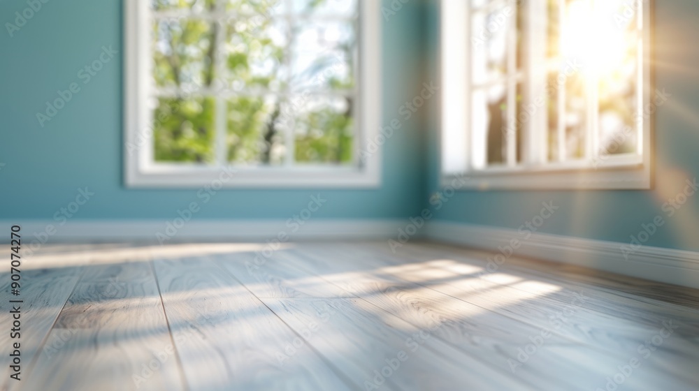 Fototapeta premium Bright Sunlight Streaming Through Window in Cozy Blue Room With Potted Flowers
