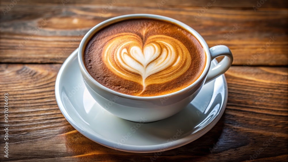 Heart-Shaped Latte Art in White Cup on Wooden Table, Coffee , Latte Art , Coffee Beans , Drink Heart-Shaped Latte Art in White Cup on Wooden Table, Coffee , Latte Art , Coffee Beans , Drink