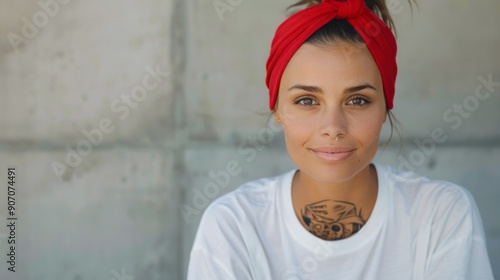 Young Woman With Red Headband Smiling Outdoors in Sunny Environment