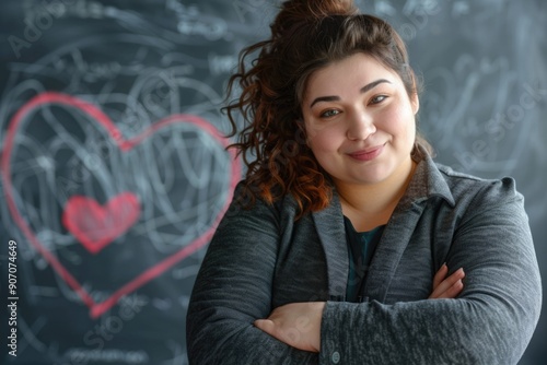 woman teacher against the background of a school board. heart. beginning of the school year. graduation. parent. teach. back to school.