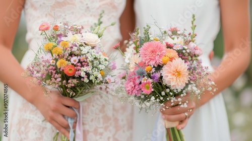 Two Women Holding Colorful Flower Bouquets in Bright Dresses