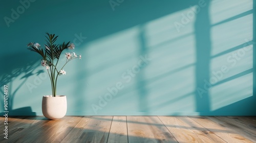 Bright Sunlight Streaming Through Window in Cozy Blue Room With Potted Flowers
