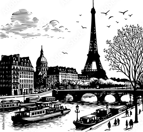 Paris black outline vector illustration.