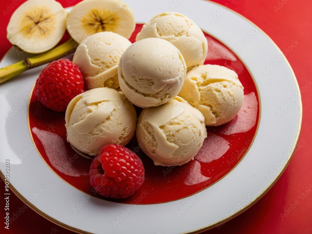 Banana ice cream balls in nice plate on red and white background: an artful display of frozen indulgence. Banana ice cream balls in nice plate on red and white background: an artful display of frozen indulgence.