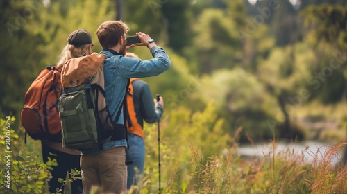 A group of birdwatchers identifying different species of birds