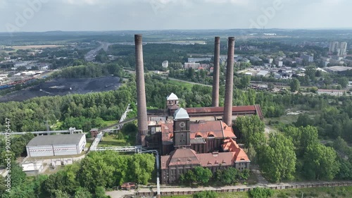 Aerial drone view of the Szombierki Heat and Power Plant,  Bobrek Power Plant. Technical Monuments of the Silesian Voivodeship. Old Heat and Power Plant in Bytom, Poland.