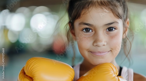 Young Girl Wearing Yellow Boxing Gloves at Training Session