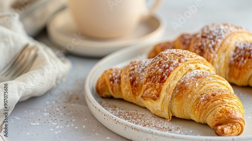 Freshly Baked Croissants on a Plate With a Coffee Cup in a Cozy Cafe Setting