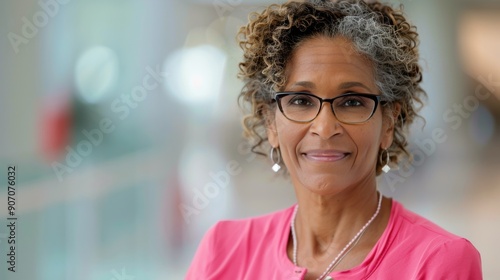 Woman With Glasses Smiles at Airport During Busy Travel Season