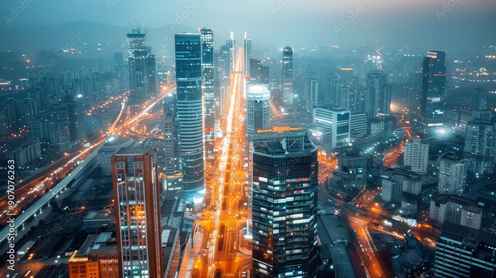 Fototapeta premium Aerial View of Busy City Streets at Dusk With Illuminated Skyscrapers