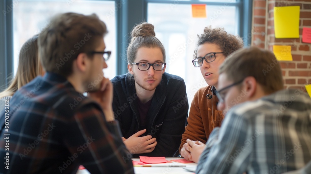 A group of young people discussing ideas during a brainstorming A group of young people discussing ideas during a brainstorming