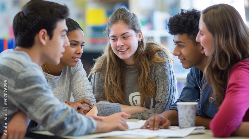 A group of young people discussing ideas during a brainstorming A group of young people discussing ideas during a brainstorming