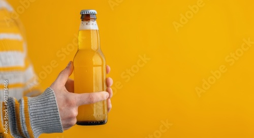 Refreshing Beer Bottle Held Against Bright Yellow Background With Plants