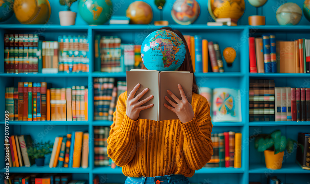 Fototapeta premium A person holds a book in front of their face while a globe sits atop their head