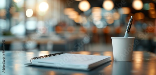 Modern Workspace With Notebook And Coffee Cup At Sunset In Urban Cafe