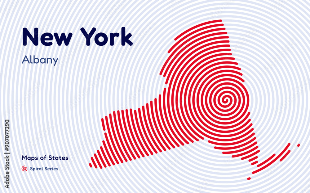 New York Map in Spiral Formation: Albany Takes Center Stage. Fingerprint and stripes pattern. American states maps. New York Map in Spiral Formation: Albany Takes Center Stage. Fingerprint and stripes pattern. American states maps.