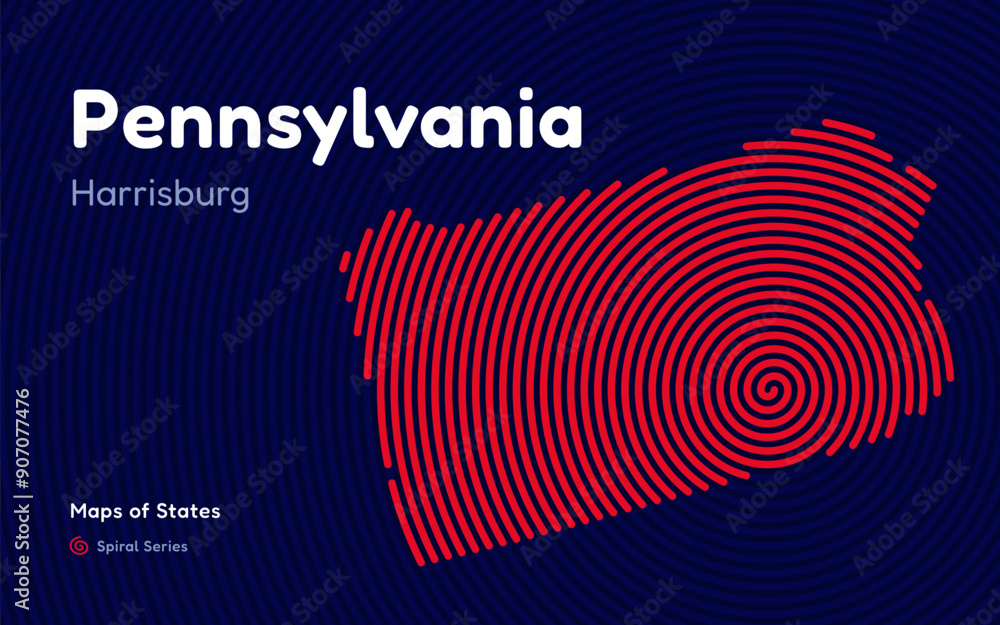 Pennsylvania Map in Spiral Formation: Harrisburg Takes Center Stage. Fingerprint and stripes pattern. American states maps. Pennsylvania Map in Spiral Formation: Harrisburg Takes Center Stage. Fingerprint and stripes pattern. American states maps.