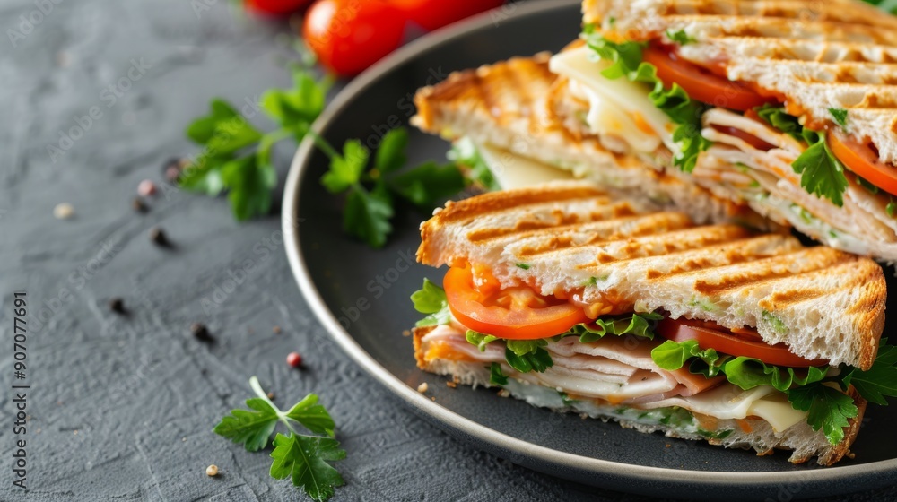 Grilled Vegetable Sandwich Served on a Plate With Fresh Parsley and Cherry Tomatoes Grilled Vegetable Sandwich Served on a Plate With Fresh Parsley and Cherry Tomatoes