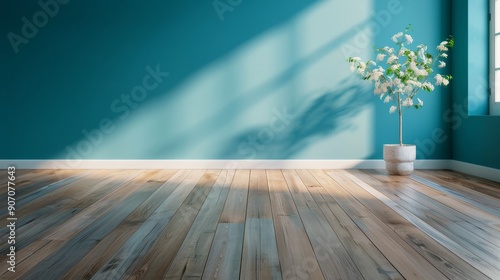 Bright Sunlight Streaming Through Window in Cozy Blue Room With Potted Flowers