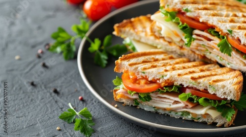 Grilled Vegetable Sandwich Served on a Plate With Fresh Parsley and Cherry To...