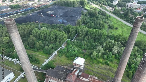 Aerial drone view of the Szombierki Heat and Power Plant,  Bobrek Power Plant. Technical Monuments of the Silesian Voivodeship. Old Heat and Power Plant in Bytom, Poland.