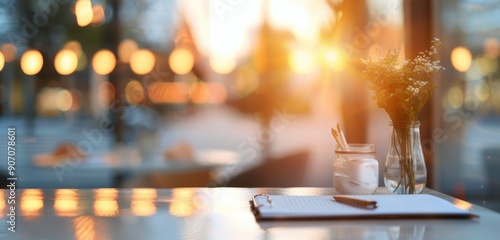 Cozy Cafe Setting With Sunlight and Flowers at Dusk