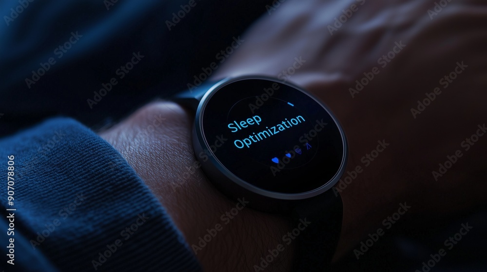 Fototapeta premium A person sleeping with a smartwatch displaying 'Sleep Optimization', emphasizing the use of technology for better sleep quality. Main objects: smartwatch, arm, bed.