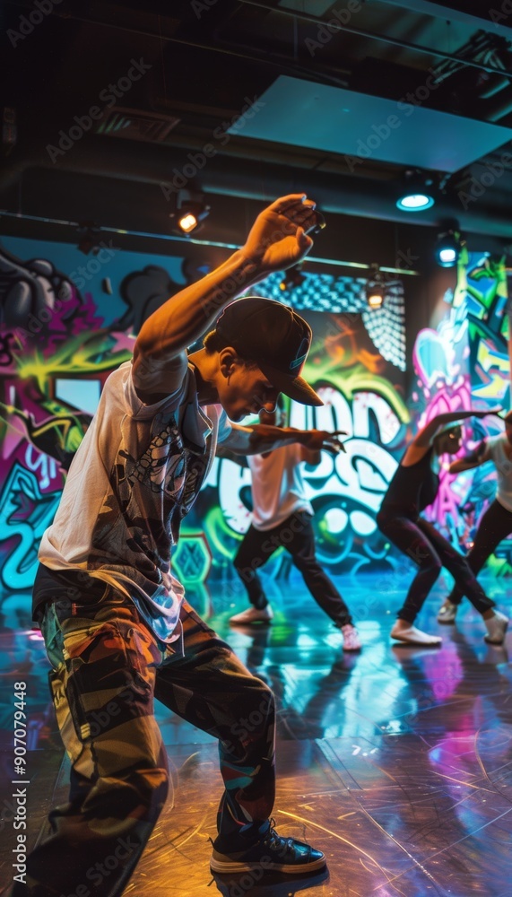 Energetic Urban Dance Battle in Graffiti-Adorned Studio - Performance, Expression, Street Art Energetic Urban Dance Battle in Graffiti-Adorned Studio - Performance, Expression, Street Art