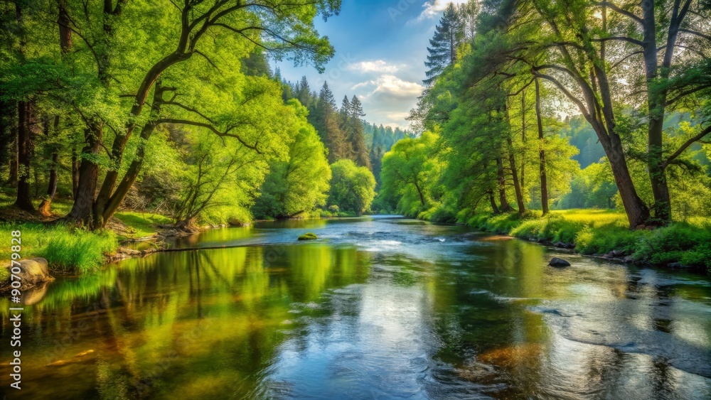 Serene River Reflections in a Lush Forest, nature , landscape , woodland , stream Serene River Reflections in a Lush Forest, nature , landscape , woodland , stream