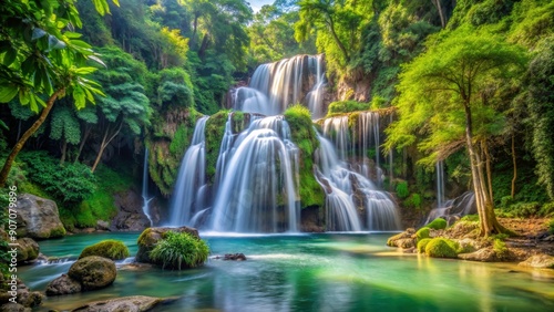 Serene Waterfall Cascading Through Lush Jungle, Long Exposure, Green Trees, Tranquil Pool, Nature Photography, Thailand, Waterfall
