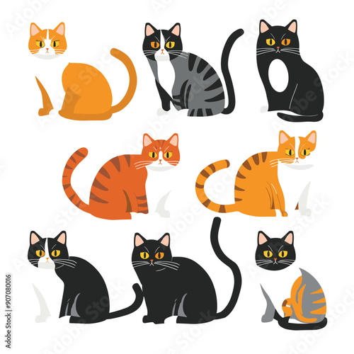 Variety cartoon cats different poses, emotions. Collection colorful feline characters sitting, standing, playing, orange black stripes. Cute cat illustrations isolated white background