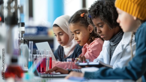 Diverse Students Collaborating on Science Project with Laptops and Laboratory Equipment