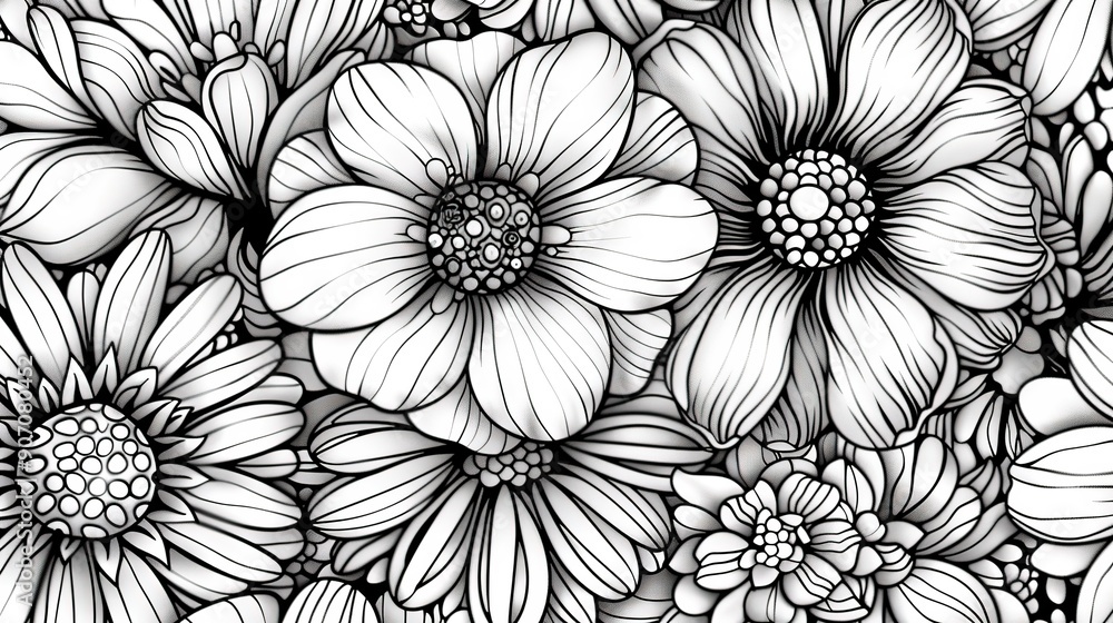 A black and white drawing of flowers with a lot of petals generative ai A black and white drawing of flowers with a lot of petals generative ai