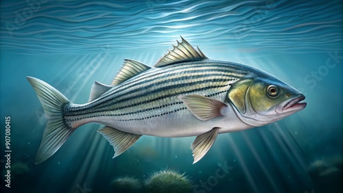 Striped Bass Underwater in Digital Painting, Fish, Ocean Life, Aquatic , Sea