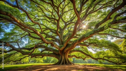 Sunlight Through Ancient Branches, Low Angle View, Lush Foliage, Sunbeams, Nature, Tree, Forest