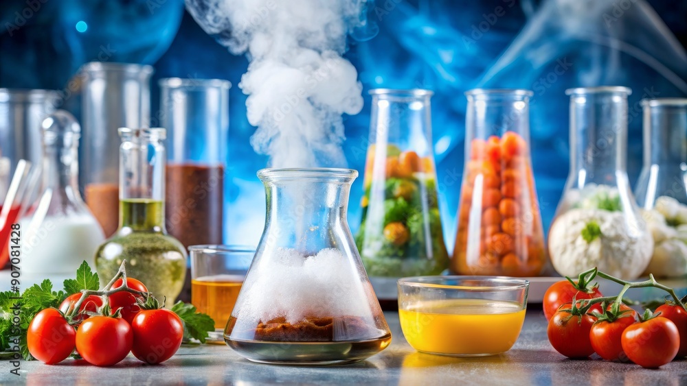 The Science of Flavor A Composition of Glassware, Smoke, and Tomatoes, food science, laboratory, molecular gastronomy, experiment The Science of Flavor A Composition of Glassware, Smoke, and Tomatoes, food science, laboratory, molecular gastronomy, experiment