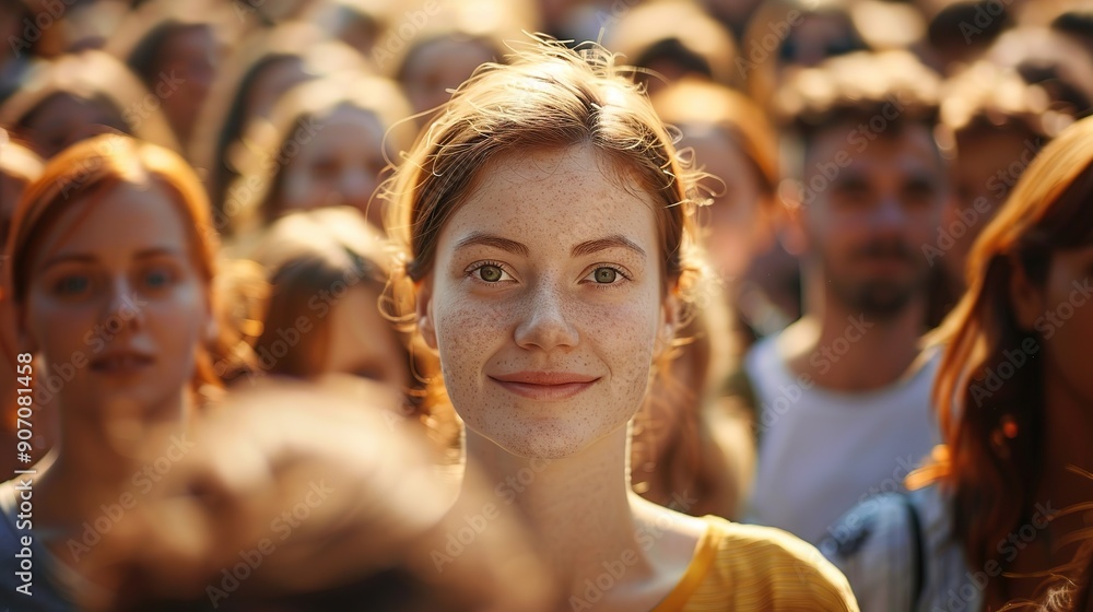Standing out from the crowd concept with a woman looking at the camera Standing out from the crowd concept with a woman looking at the camera