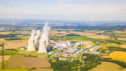 Aerial view of nuclear power plant Temelin. South bohemia in Czech republic, European union. Large nuclear power station from above. Background concept.