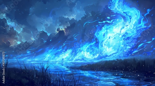 Night Sky with Blue Fire, D...