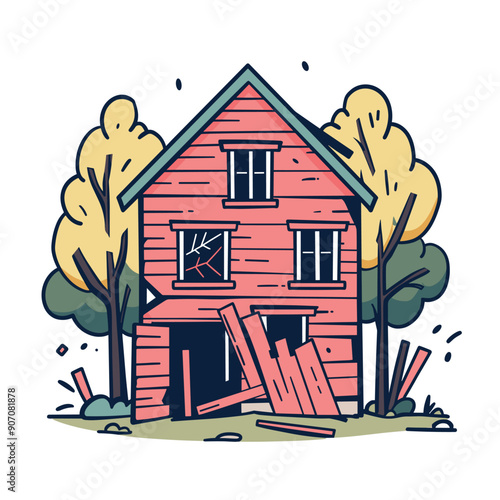 Abandoned red house broken windows, dilapidated twostory structure, overgrown trees surrounding. Cartoonstyle deserted dwelling, collapse front porch, shattered glass property. Red home illustration