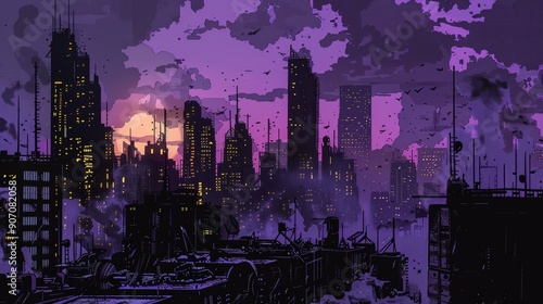 Purple Cityscape Silhouette...
